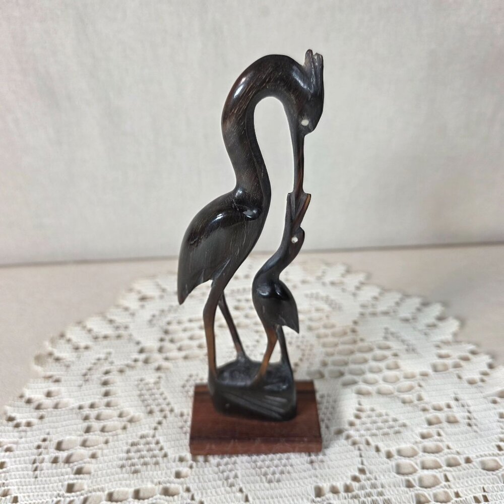 Vintage Hand Carved Water Buffalo Horn Crane Family Sculpture On Wooden Base